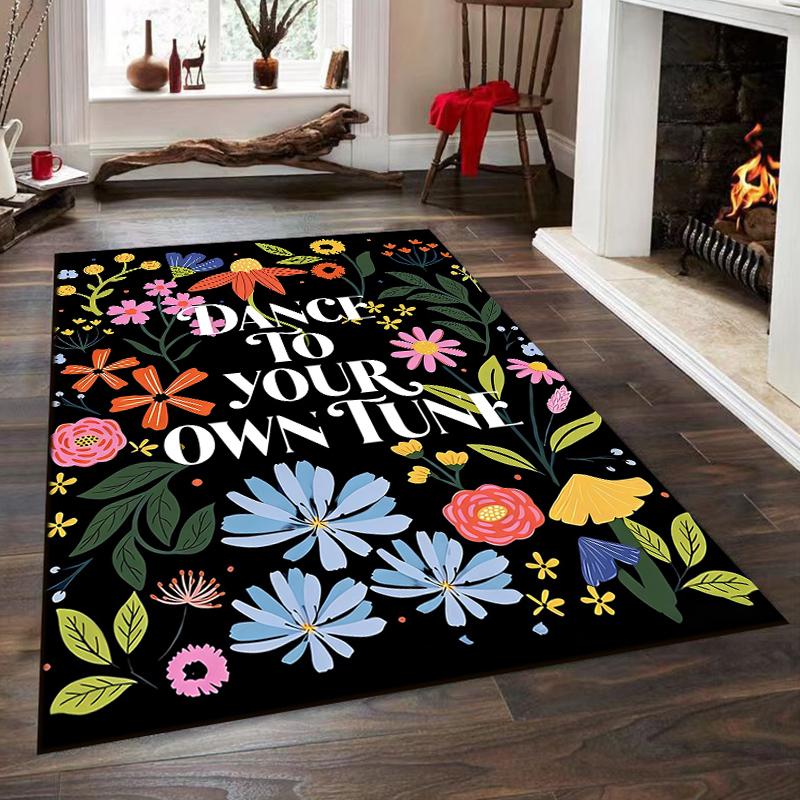 Floral Design with Motivational Quote Non-slip rug suitable for living room and bedroom sofas