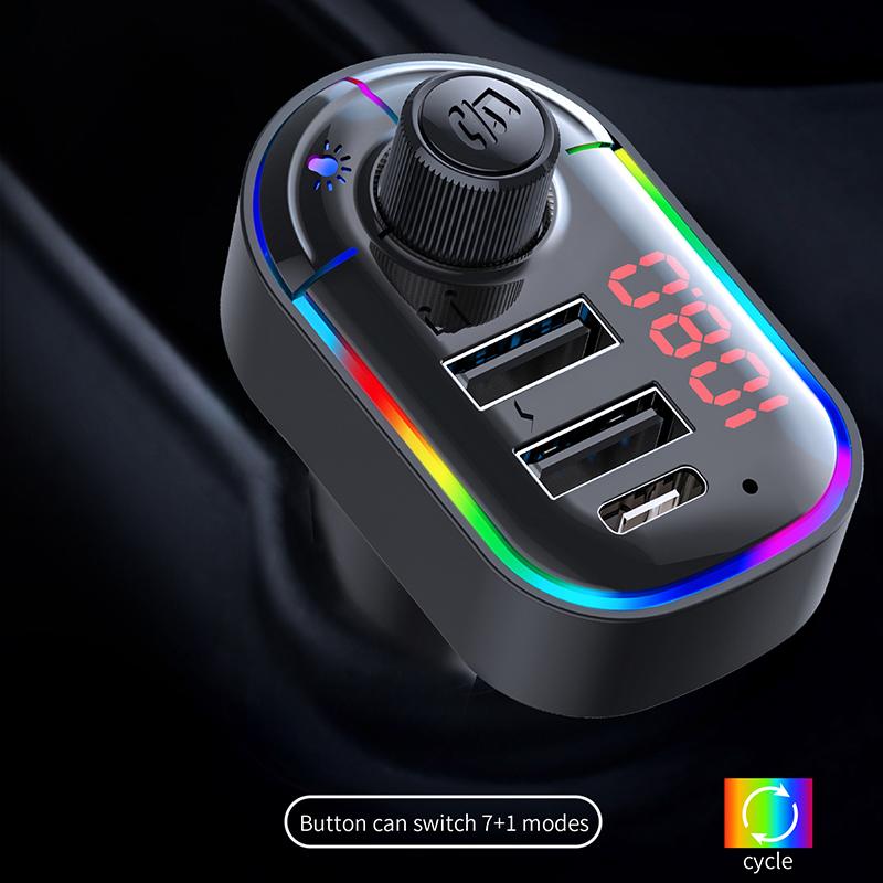 VAORLO Автомобильное зарядное устройство Bluetooth 5.0 FM QC3.1, быстрая зарядка, двойной USB-порт с RGB-подсветкой, поддержка U Driver Play, вызов громкой связи