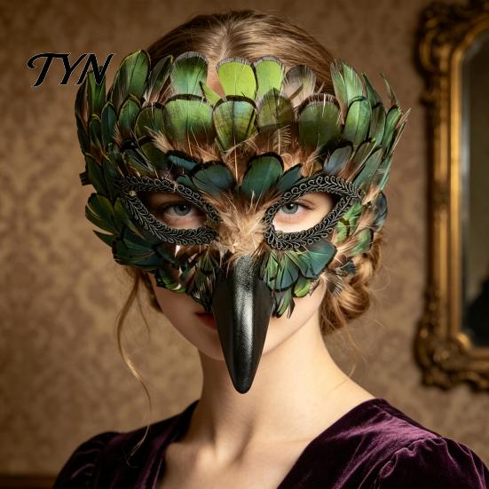 Peacock Feather Face Masque Bird Masque, Mysterious Feathers Eagle Beak Animal Half Decorative Masquerade Costume for Halloween, Mardi Gras,