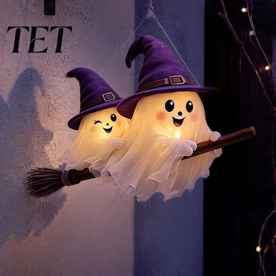 Lighted Ghost Broomstick Decor Broom Hanger, Cute Glowing Halloween Hanging with Warm LED Lights, Light Luminous Fall Witches Hat Ornament for