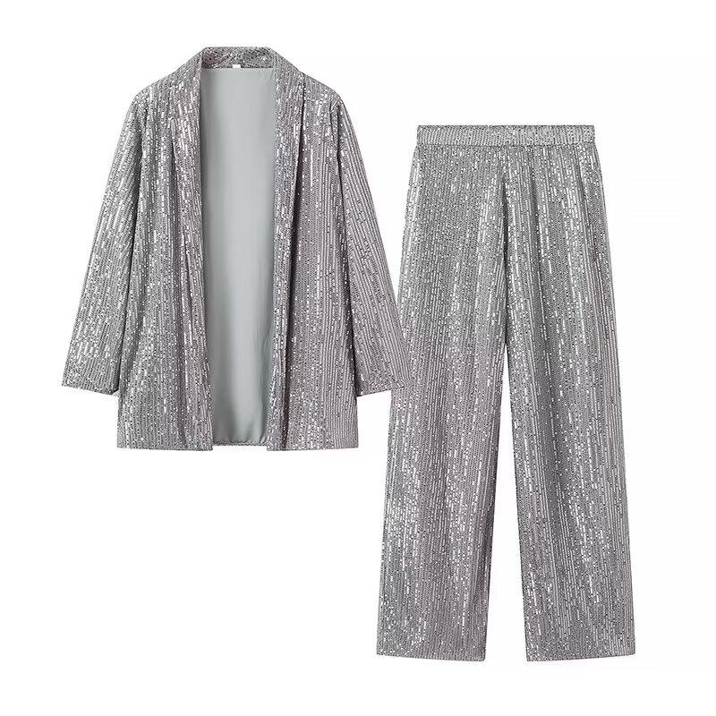 2024 Spring Women's Sequined Blazer & Straight Pants Set