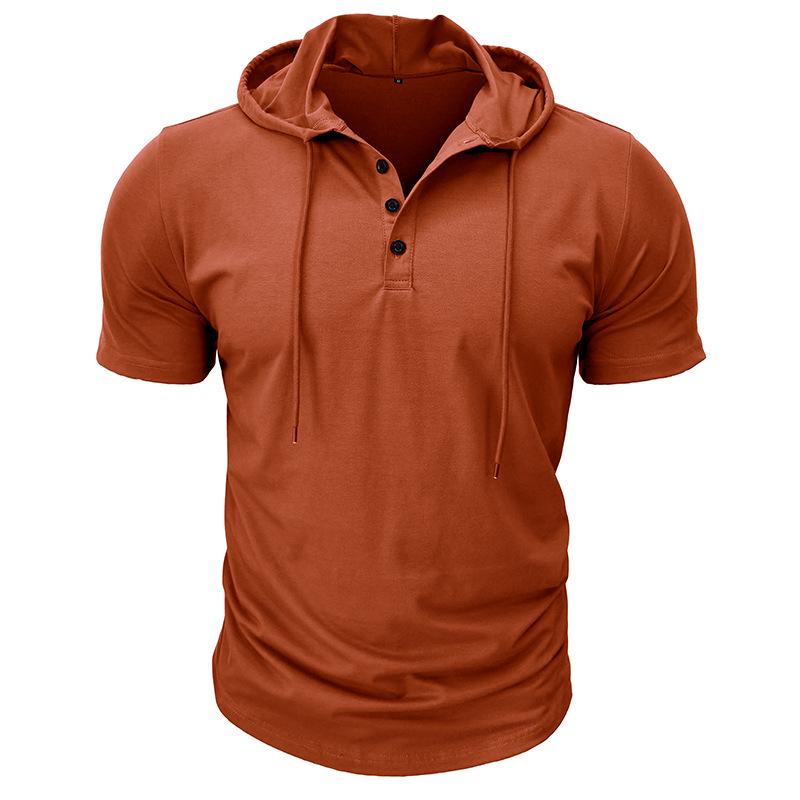 2024 Cross-Border Men's Short-Sleeve Henley Hoodie T-Shirt - European & American Style Fitness Top