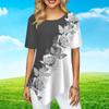 Women Plus Size Ladies Tee Shirts Rose Wreath Print Loose Casual Tops Female Irregular Summer Clothes