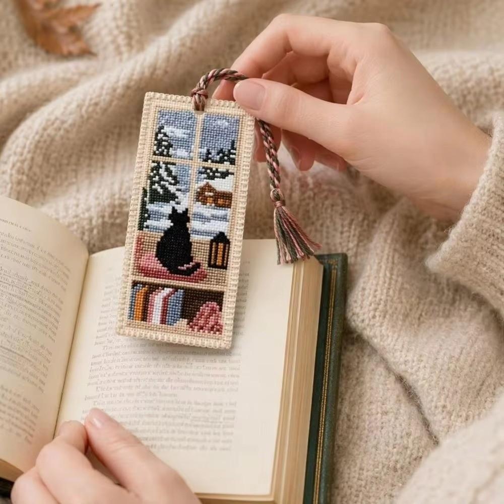 Handcrafted Seasonal Cat Embroidery Bookmark Book Page Marker Material Kit Beginners