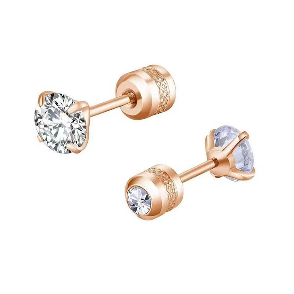 Double Sided CZ Screw Back Stud Earrings Round Clear Zircon Silver‑Tone Men Women Ear Piercing Jewelry