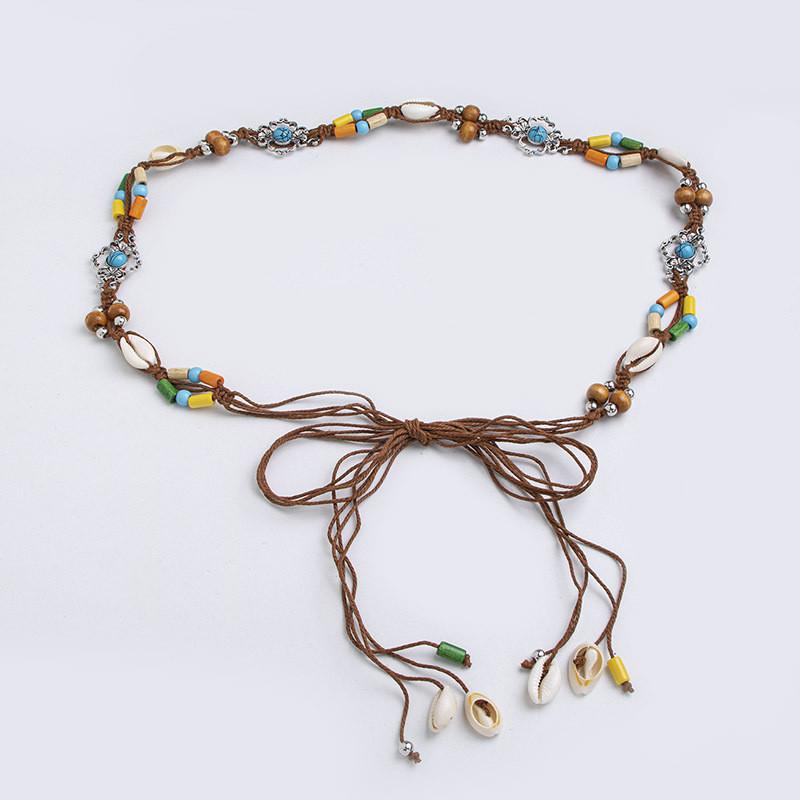 Bohemian Waist Cord With Embellished Shells And Wooden Beads For Beach And Vacation Accessories