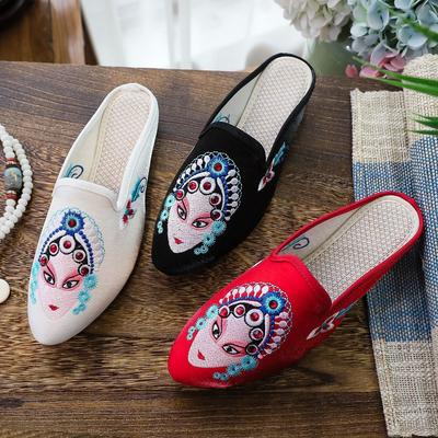 Тапочки, летние тканевые тапочки, вышитые женские сандалии с заостренным носком в виде маски для лица «Хуадань» в стиле Пекинской оперы