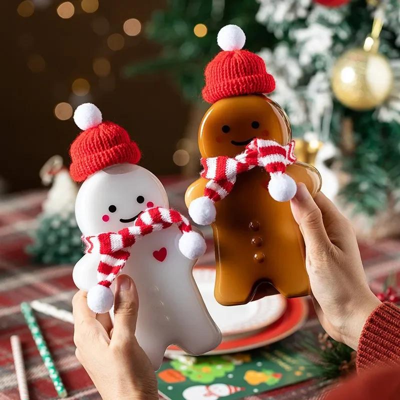 Christmas Party Decoration Water Bottle Shaker Cup with Gingerbread Man Snowman Design for Juice Drinks Kawaii Xmas Gift for Kids