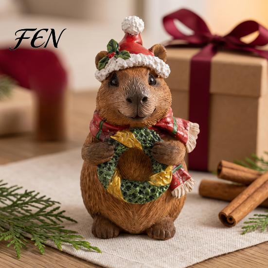 Decorative Accents for Entrance Christmas Capybara Resin Figurine, Statue with Santa Hat Scarf Wreath, Artistic Crafts Windowsill Cute Tabletop