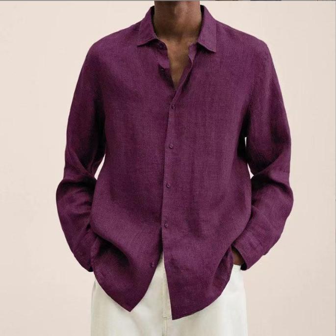 Autumn Long-sleeved V-neck Loose Button Cotton Linen Shirt Shirt Men's Fashion Casual Blouse Solid Colour Shirt