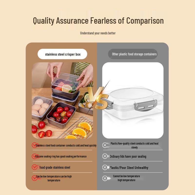 Квадратная миска для хранения продуктов из нержавеющей стали с крышкой - сохраняет продукты свежими в холодильнике, идеально подходит для порционирования на кухне или использования в качестве ланч-бокса.