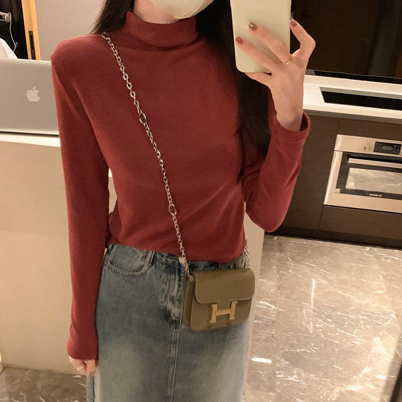 Однотонная рубашка с воротником-полуворотом для женщин на осень и зиму, новая облегающая футболка с короткими внутренними длинными рукавами, универсальный топ