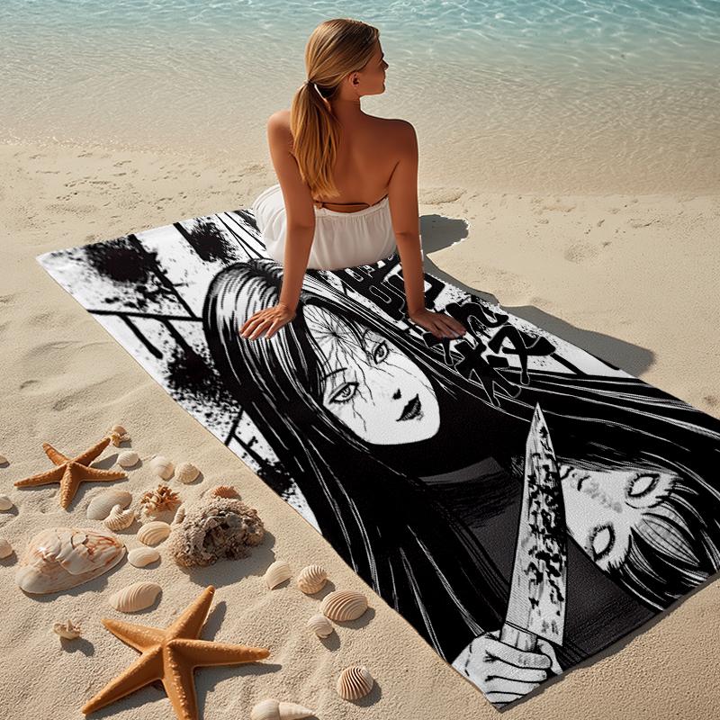 proof beach towel with a Thriller Manga Junji Ito Tomie1 pattern - soft,absorbent,quick-drying,machine washable - perfect for swimming,camping,bathing