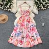 Summer Women Elegant Print Spaghetti Strap Long Maxi Party Dresses with Belt
