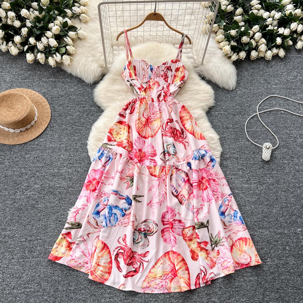 Summer Women Elegant Print Spaghetti Strap Long Maxi Party Dresses with Belt