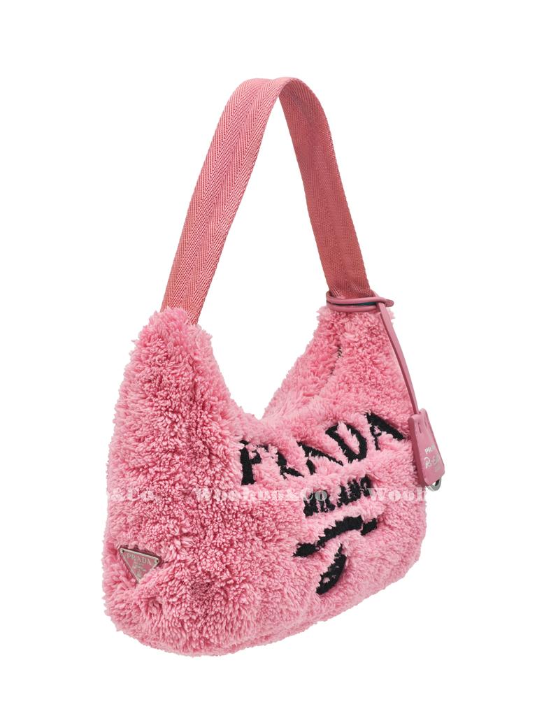 Prada Переиздание 2000 Вышитый логотип и эмалированный треугольный логотип Мягкая махровая ткань Сумка-хобо Женские сумки Розовый 1NE515_2DXO_F046J
