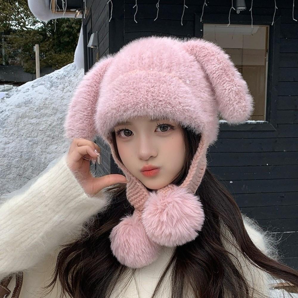 Fluffy Texture Bunny Ear Beanie Warm Lining Plush Slouchy Hat Soft Fuzzy Knit Hat Cold Weather