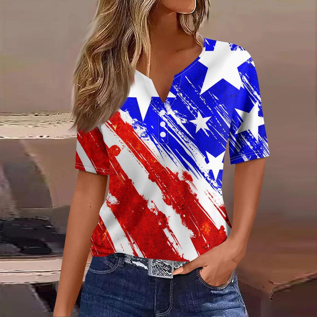 Жен. Футболка Футболка С принтом Пуговицы С короткими рукавами Повседневные Выходные Мода Классический V-образный вырез Обычный Верх