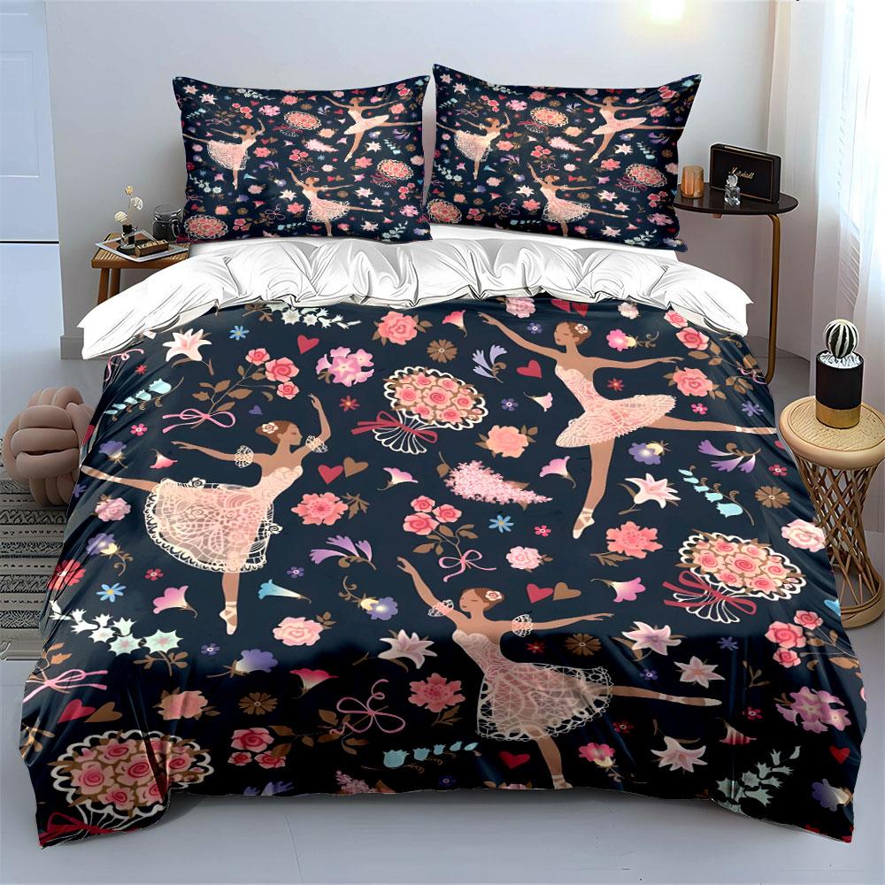 Ballet Dancers Floral Pattern Bedding Duvet Cover Set (1*Duvet Cover 2*Pillowcases, without duvet insert)