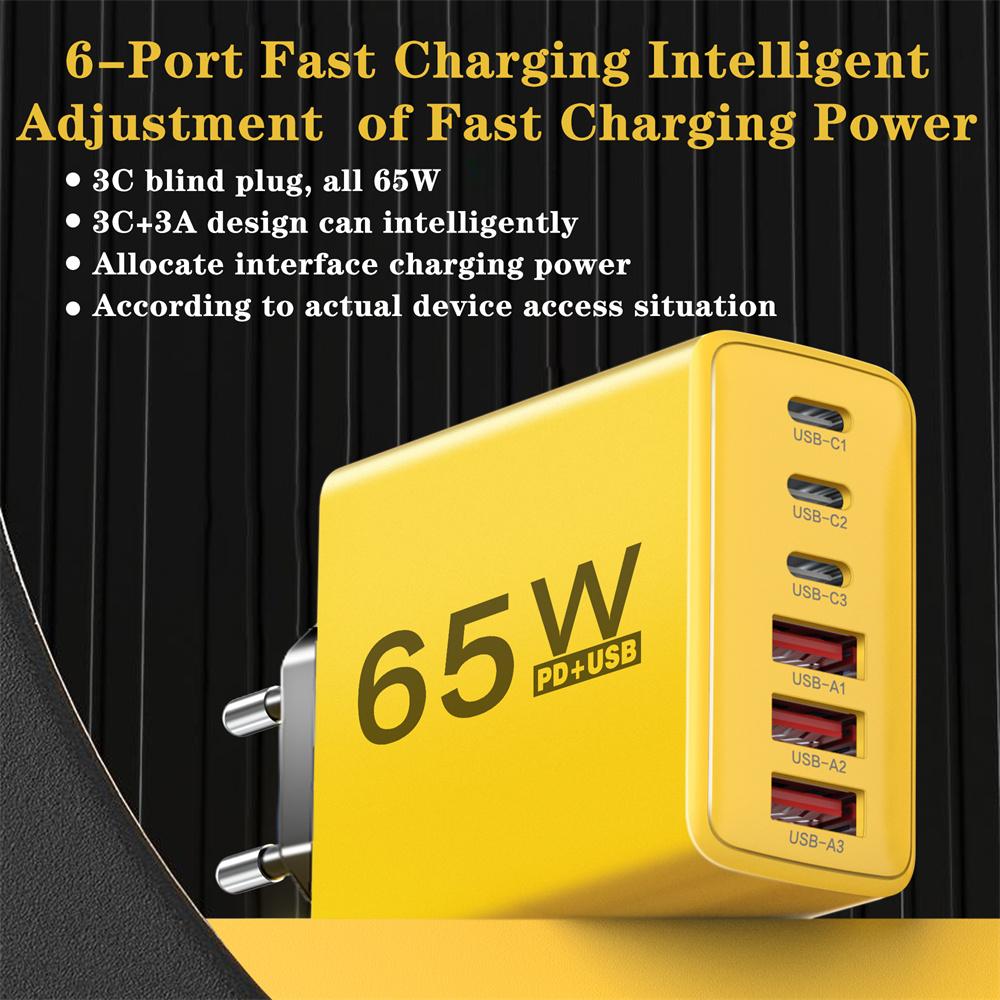 65W 6 Ports USB C Charger Fast Charging Quick Phone Charger Adapter For iPhone 15 16 Pro Samsung Xiaomi QC3.0 USB C Wall Charger