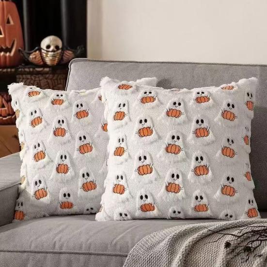 Halloween Decorative Pillow Cover Soft Plush Throw Cushion Case with 3D Embroidered Ghost Pumpkin Design for Couch Sofa Bedroom
