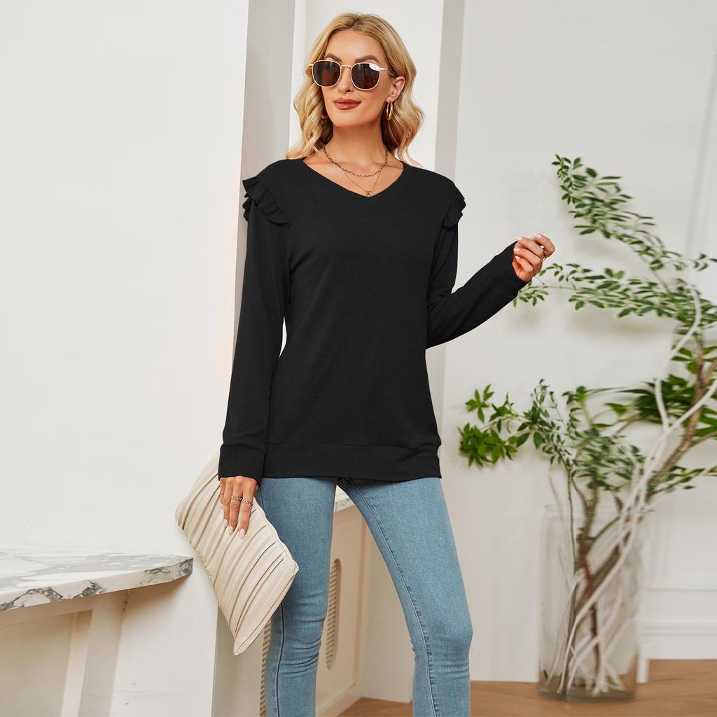 GMXIA Женские модные повседневные осенне-зимние однотонные блузки и рубашки с длинным рукавом и v-образным вырезом с принтом