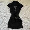 American Retro Black Denim Short Dress Women Summer Zipper Elegant Slim One Piece Dress Korean Fashion Design Casual Clothing