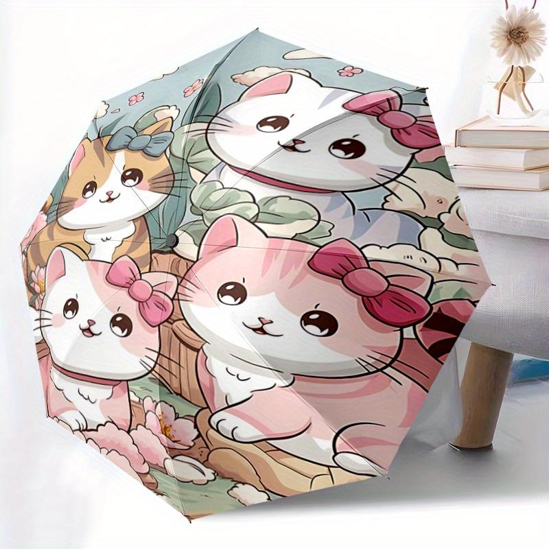 1pc Cartoon Cute Four Kittens Pattern Automatic Cartoon Umbrella is Fashionable and Good-Looking, a Portable 3-Fold Umbrella, Suitable for T