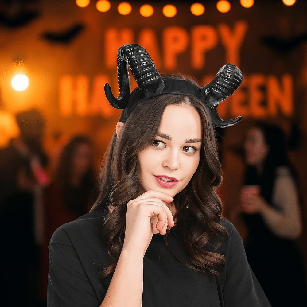 Gothic Halloween Devil Headband Artificial Goat Horn Hair Hoop Black Demon Horn Headwear  Adults