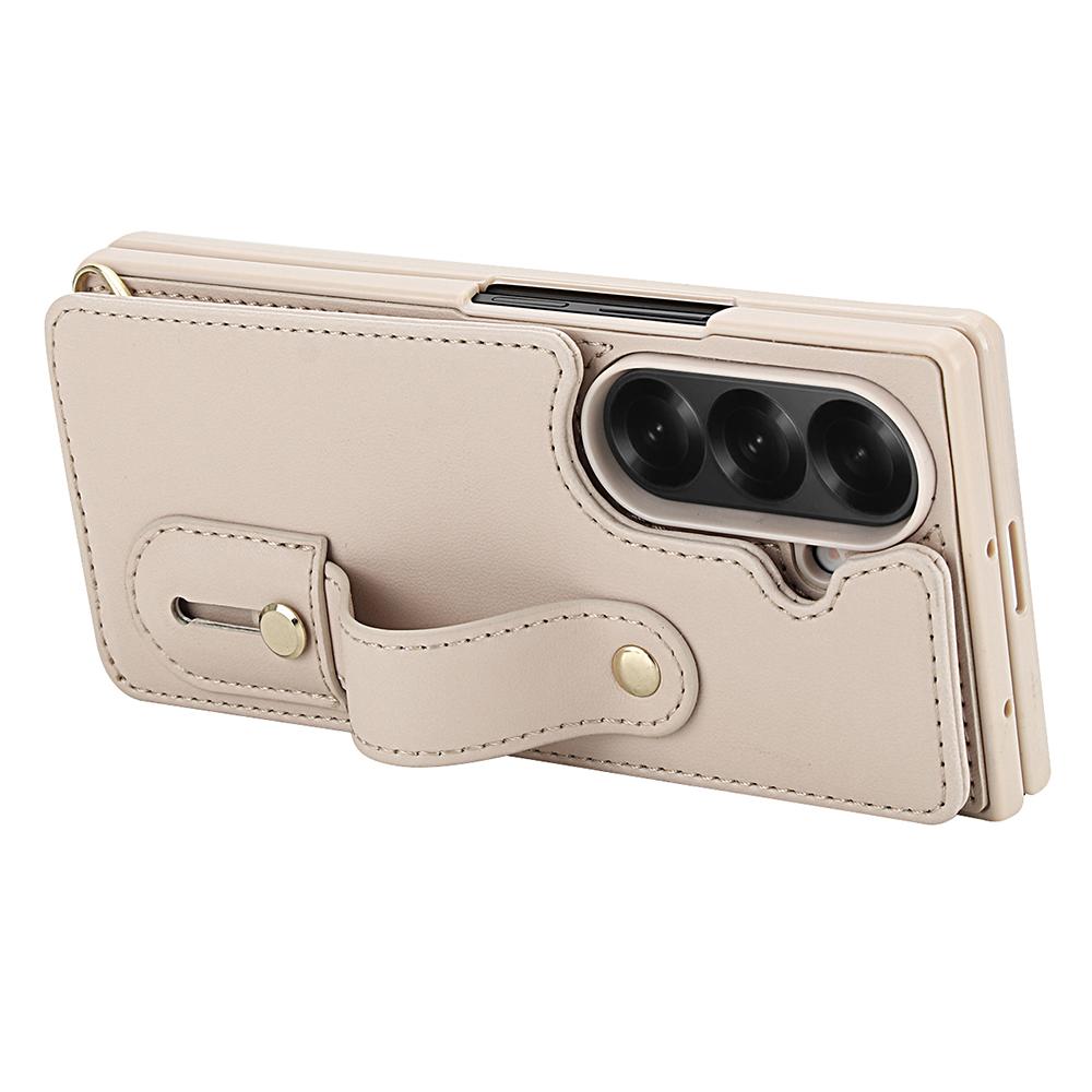 For Samsung Galaxy Z Fold7 5G Case Kickstand Card Slots Leather Coated TPU Cover with Shoulder Strap