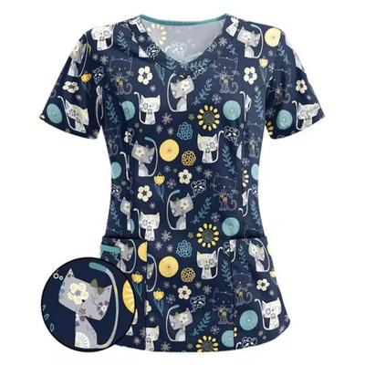 Женская Свободная рабочая одежда с коротким рукавом и полосатым принтом Медицинская форма Туники Блузки с карманами Униформа для медсестер Аксессуары