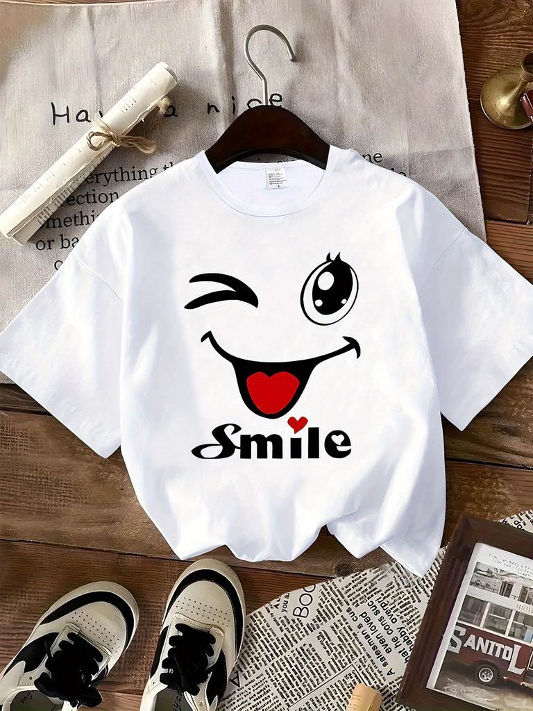 Женская футболка в стиле Y2K с графикой радостного лица, повседневная, с коротким рукавом, с круглым вырезом, идеально подходит для повседневной носки, милые футболки