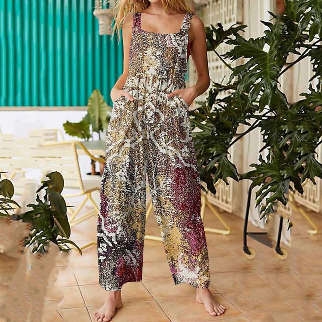 Women's Fashion Casual Loose Back Straps Wide Leg Vintage Printed Jumpsuit