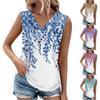 Summer Womens Tank Tops V Neck Casual Printed Sleeveless Shirts Casual Loose Fit Pleated Tshirts Tees Ladies Blouse