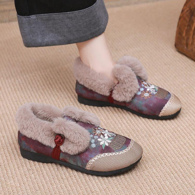 Women's Winter Warm Embroidered Loafers Shoes Faux Fur Lining Short Ankle Boots Comfortable Casual Walking Shoes Non-Slip Snow Booties Flats for Women