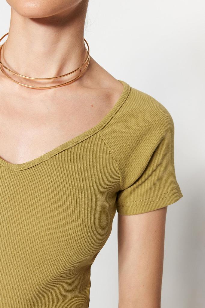 Женская модная зеленая хлопковая эластичная трикотажная блузка со шнурком