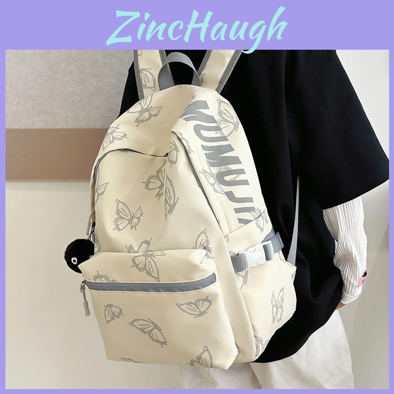 Simple Solid Color Butterfly Pattern Student Backpack With Plush Pendant For Teens And University Students
