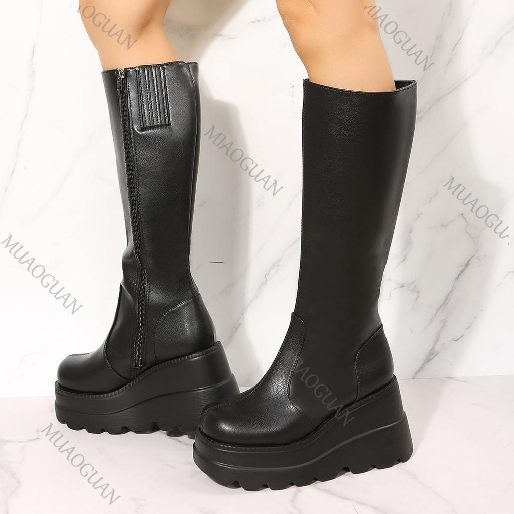 Fashion Women's Long Boots 2025 Autumn Winter New Thick Bottom Punk Style Knee High Boots for Women Black Wedges High Heels Gothic Botas