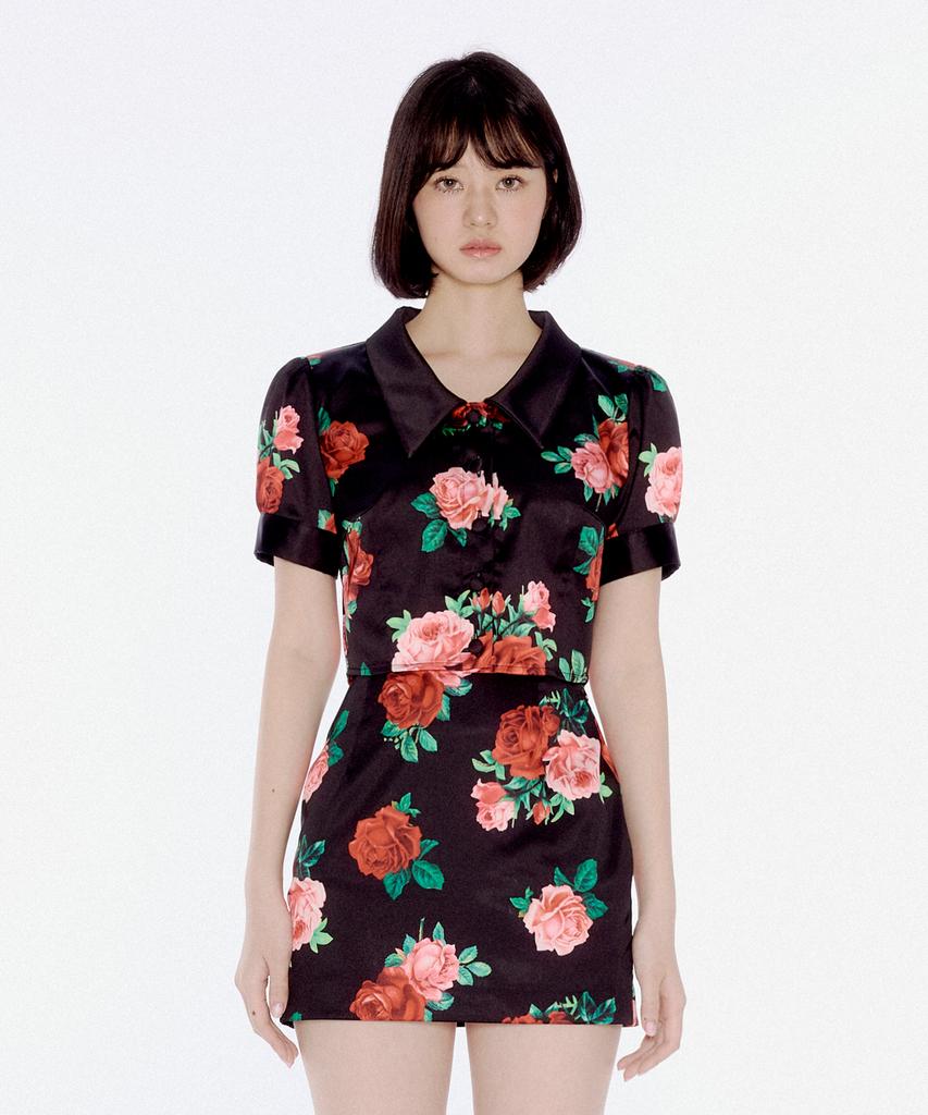 YOUHEE Satin Flower Pattern Blouse Black