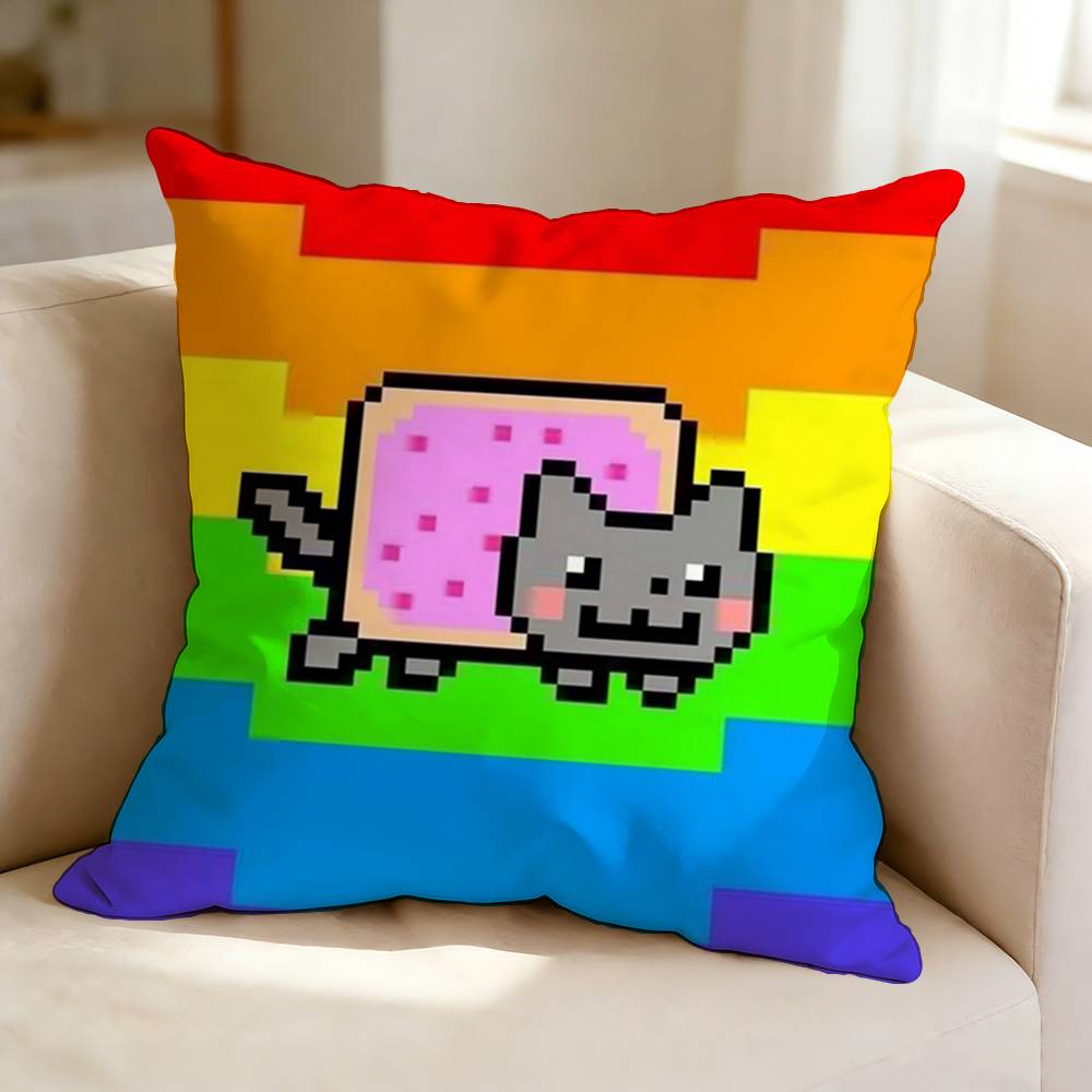 PixelArt Cartoon NNyan CCat Square DoubleSided printed Pillow Case Bedroom Bedside Pillow Sofa Cushion Cover