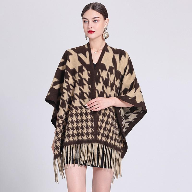 Осенне-зимняя шаль с бахромой, женская клетчатая накидка, кардиган большого размера, накидка, шарф, твидовый жакет