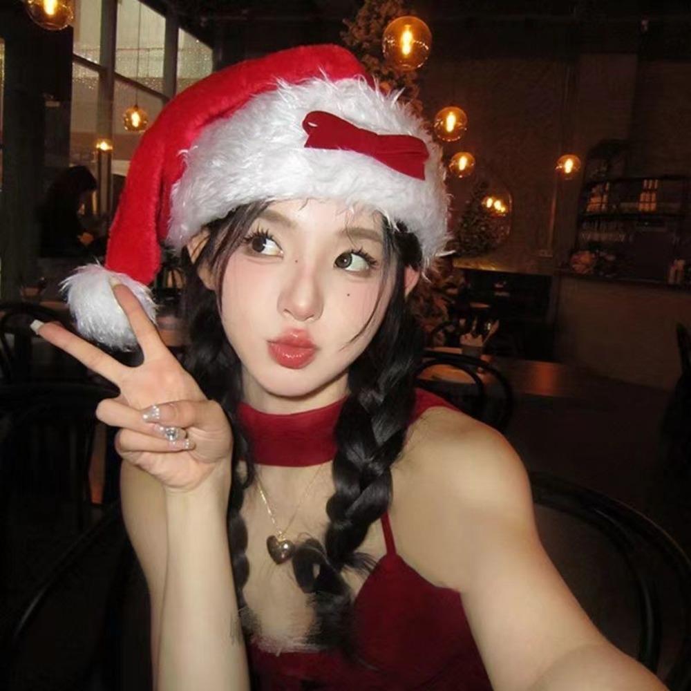Plush Fabric Red Santa Hat with Cherry Long Fur Hat Stylish Christmas Hat  Christmas