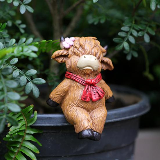 2 шт. Мультяшная фигурка высокогорного быка, пара, статуэтка высокогорного скота, смоляная скульптура, садовое украшение для цветочного горшка