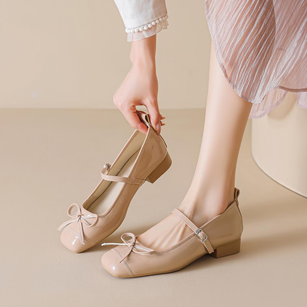 New Model9169-9 French Bow Square Toe Chunky Heel Shoes For Women, Shallow Cut With Skirt Mary Jane Women'S Shoes