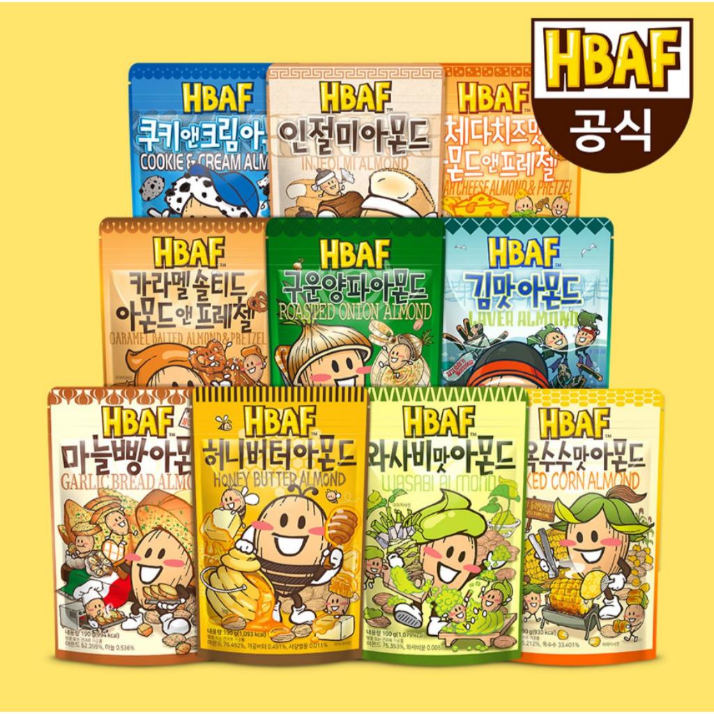 HBAF Корейские миндаль со вкусом 190 г Выберите 1 вкус Медовое масло Васаби Запеченная кукуруза Чесночный хлеб Печенье и сливки