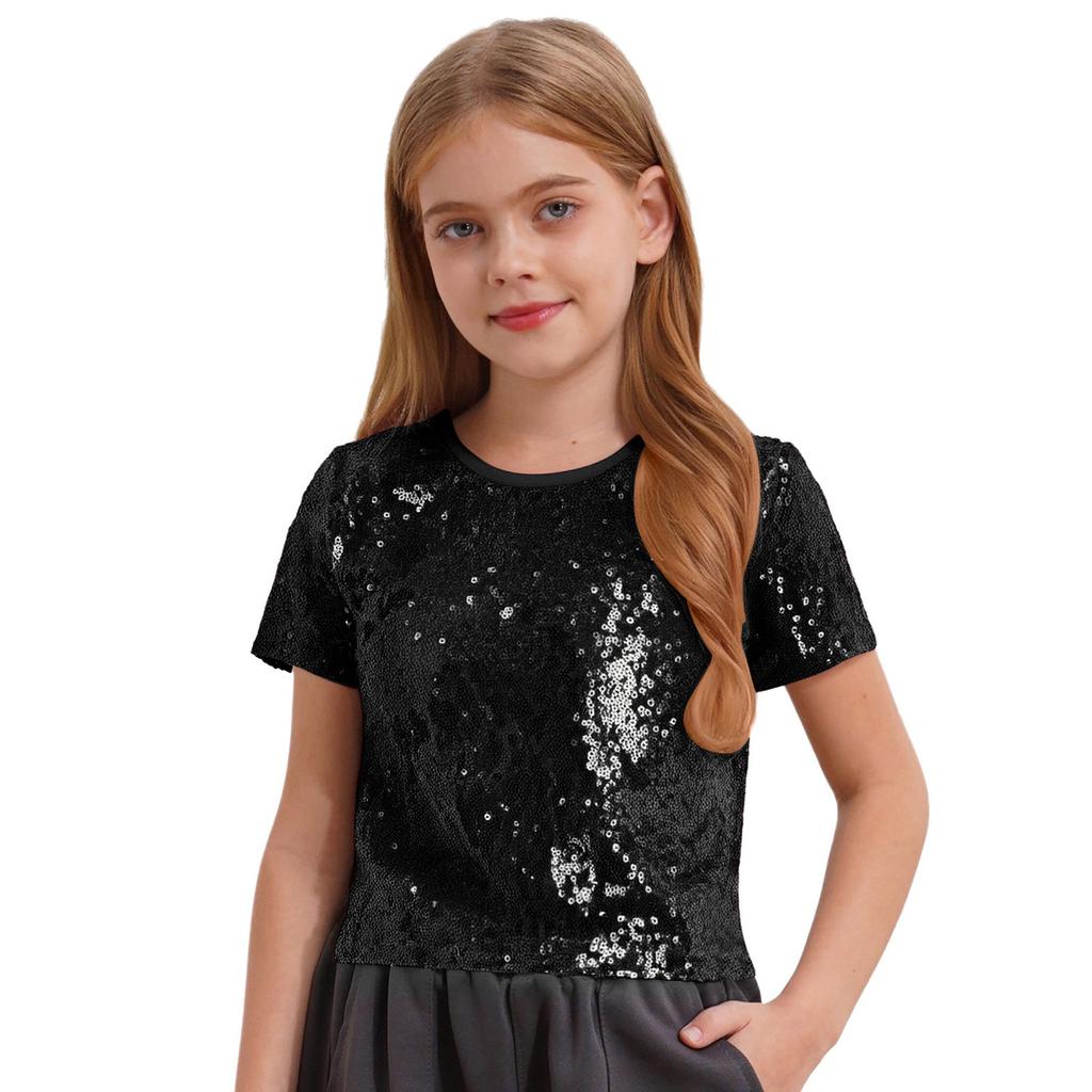 Girls Sparkling Sequin Crop Top Round Neck and Short Sleeves for Hip Hop Dance Costume