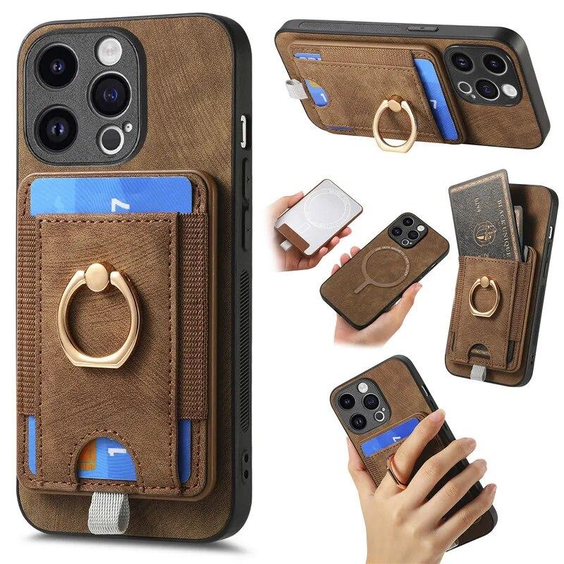 Wireless Ring Leather Wallet Phone Case for iPhone 15 Pro Max 14 Plus 13 12 11 for Samsung Galaxy S24 Ultra S23 S22 S21 FE A35 A15 A05 A54 A34 Cover