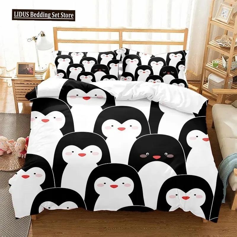 Cartoon Penguin Duvet Cover Collection For Boys Girl Animated Antarctic Animal Polyester Quilt Cover White Black King Queen Size