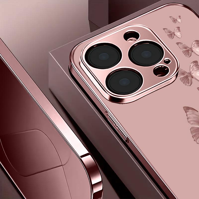 Розовый узор с бабочками Розовый металлический закаленный стеклянный чехол для телефона для iPhone 17 16 15 14 13 12 11 Pro Max 15 Plus 17 Air 16E Чехол