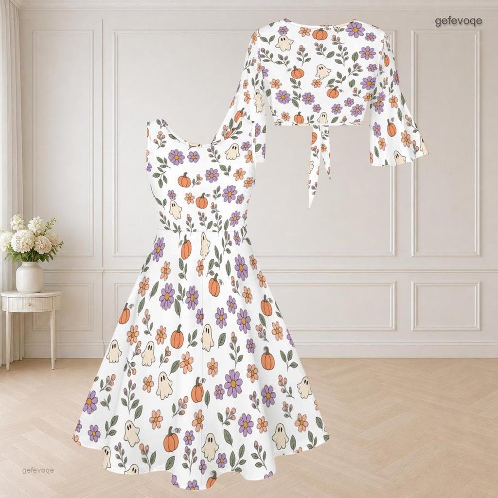 Women Plus Size Pumpkin Bat Bow Print Two Piece Dress Set V Neck 3 4 Sleeve White